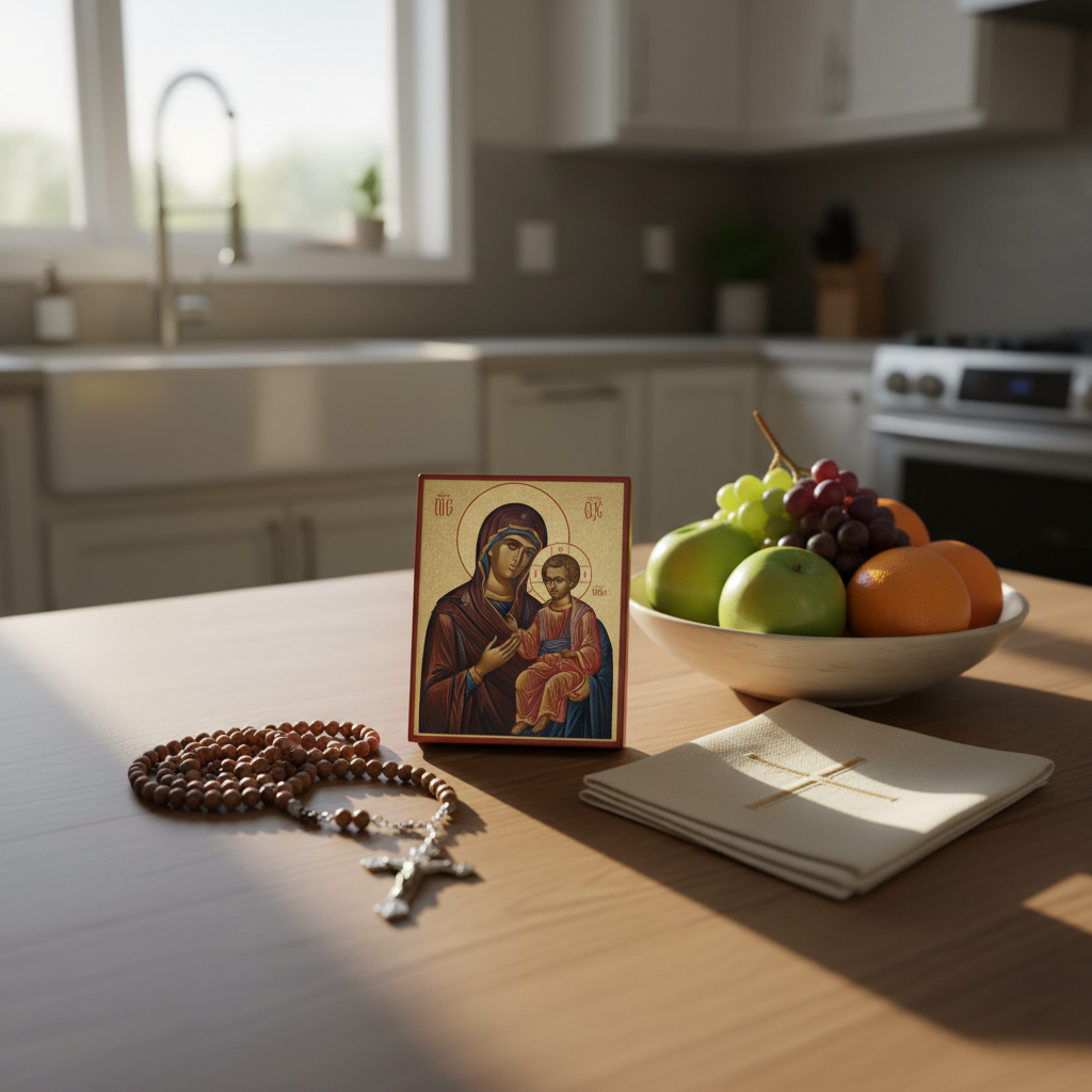 A tidy, sunlit kitchen table set for family prayer, featuring a wooden rosary coiled neatly beside a small standing icon of the Holy Family painted in rich blues and golds. A folded linen napkin with an embroidered cross rests near a ceramic bowl of fresh fruit. Soft late-afternoon light streams in from the left, casting warm, elongated shadows and a golden glow on the icon’s surface. The background is a gently blurred kitchen with simple, neutral tones. Captured at a slightly elevated angle with photographic realism, the mood is peaceful and orderly, suggesting a Catholic home where daily routines and prayer are harmoniously woven together.